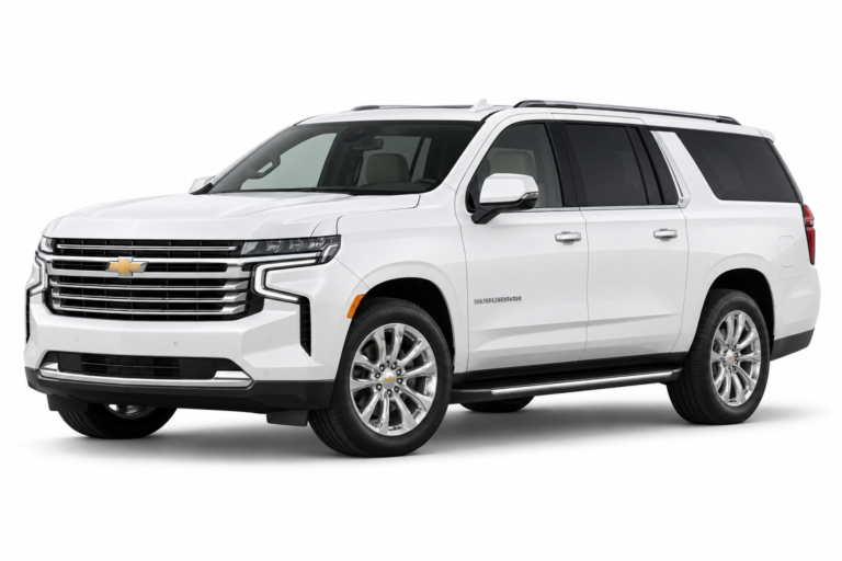 White Chevrolet Suburban with silver wheels on a plain white background