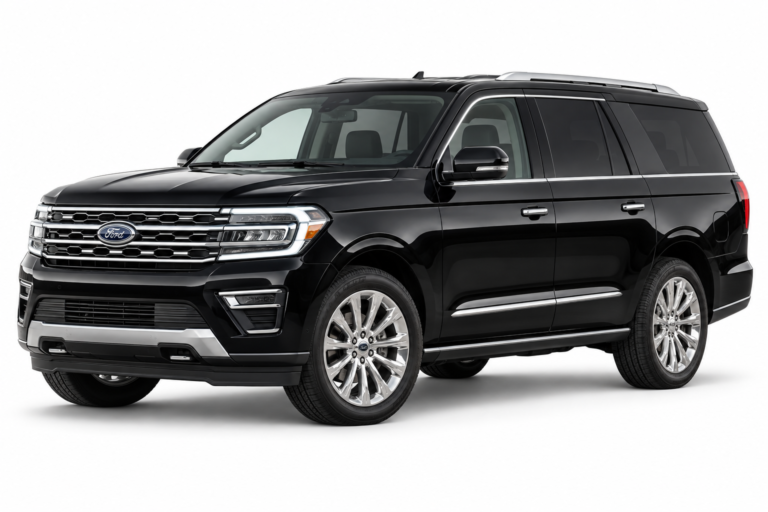 Black Ford Expedition with silver wheels on a plain white background