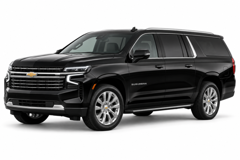 Black Chevrolet Suburban with silver wheels on a plain white background